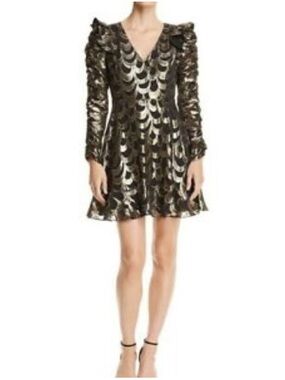 Aqua Luxe 100% Silk Gold Foil Long Sleeve Mini Dress Sz S